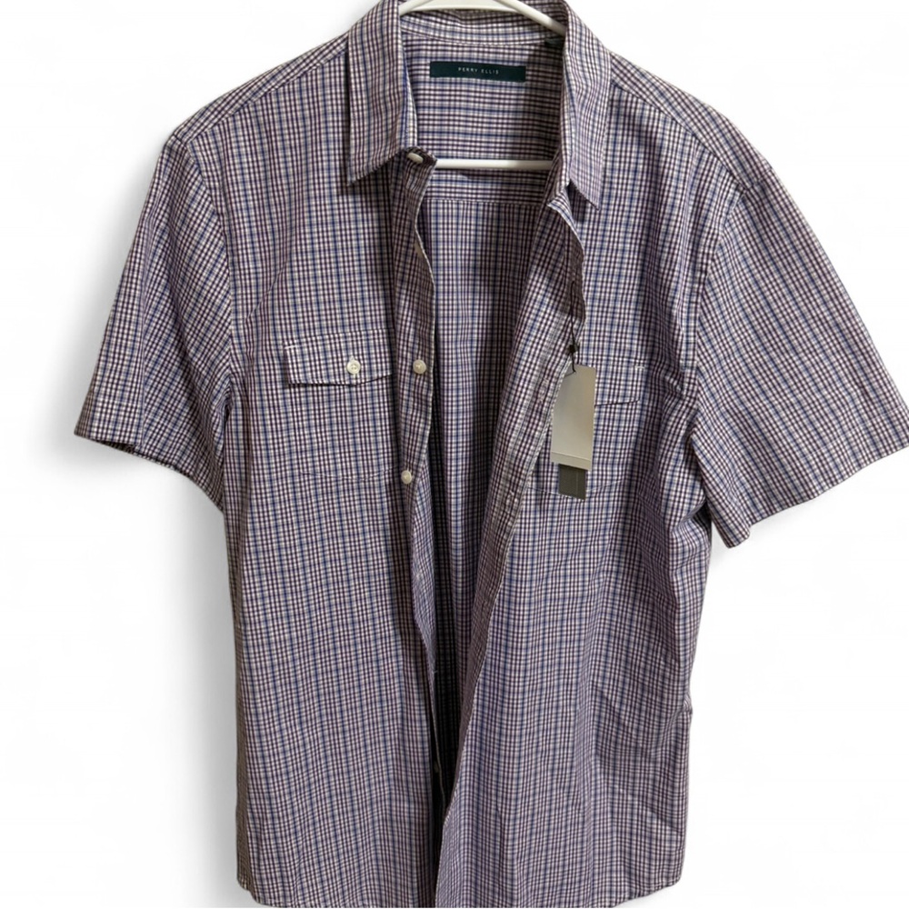 Perry Ellis Blue and Red Casual Button Down Shirt